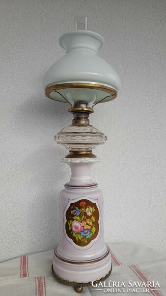 Biedermeyer porcelán és hántolt üveg antik asztali petróleumlámpa, erdetileg repceolaj, muzeális!