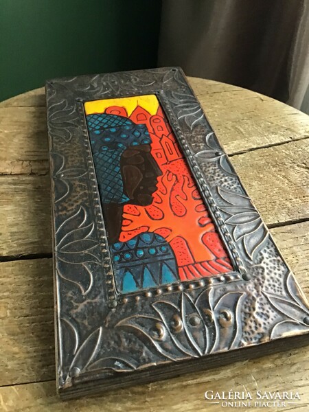 Older fire enamel picture on a wooden board with a copper plate frame