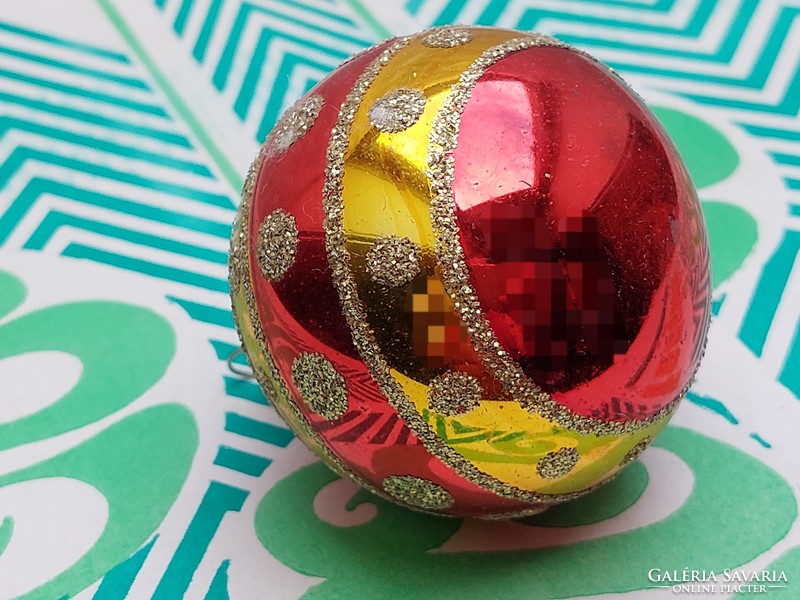 Old glass Christmas tree ornament red gold polka dot striped sphere glass ornament
