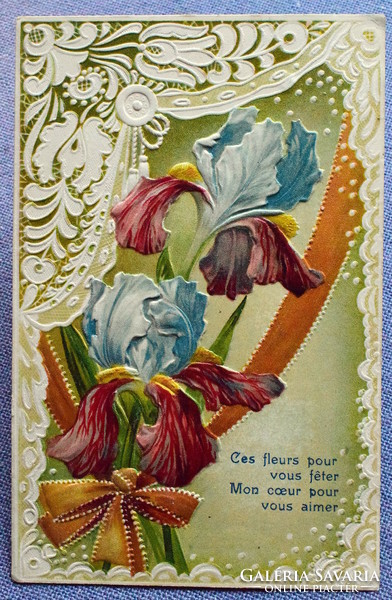 Antique embossed lace greeting card - irises