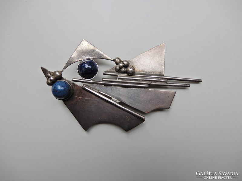 Old large modernist silver brooch with lapis lazuli stones