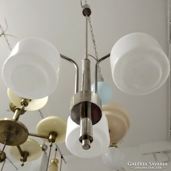 Art deco - streamline - bauhaus 3-burner nickel-plated chandelier renovated - milk glass cylinder shade