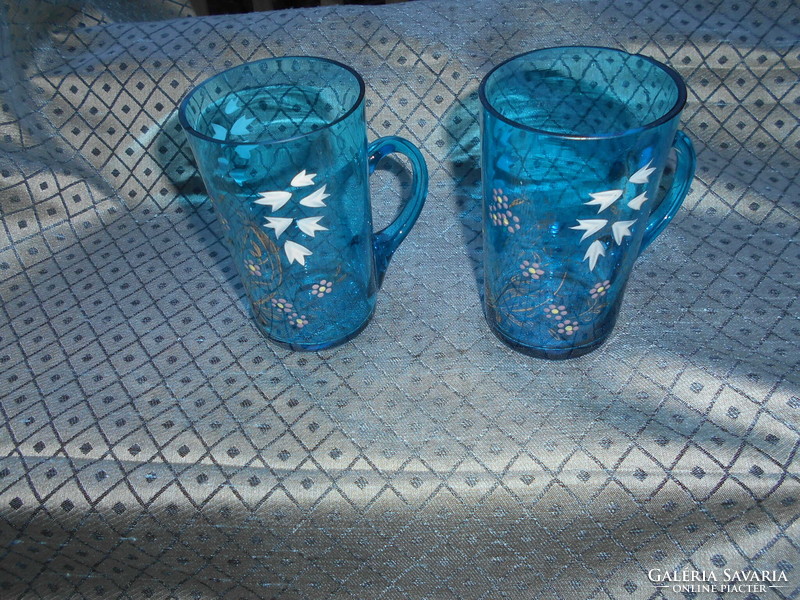 2 db Kézzel zománc  festett antik üveg pohár-különleges szép alapszín.1400 / db