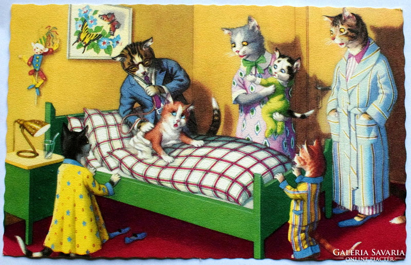 Old retro humorous graphic postcard cat - sick cat with doctor