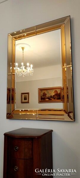 Nagyméretű, Schöninger  márkájú, fazettás, csiszolt tükör, rózsaarany/bronz-tükör keretben