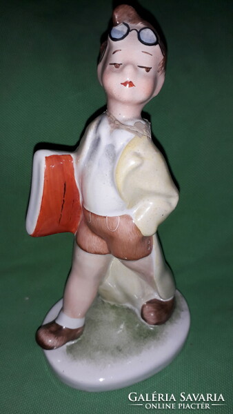 Old hand painted art deco magic porcelain walking boy with book under arm 17 cm as shown in pictures
