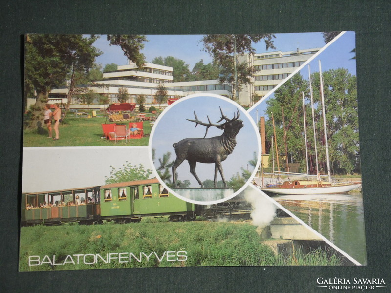 Postcard, Balaton pine, mosaic details, resort, hotel, port, light railway, deer statue