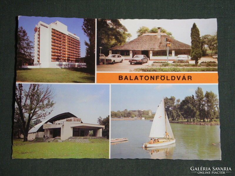 Képeslap, Balatonföldvár, mozaik részletek,hotel,mozi,vitorlás hajó,Flekken csárda étterem