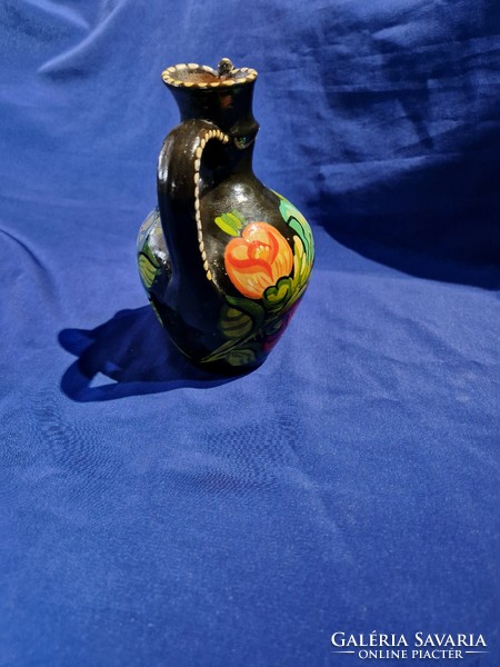 Old folk folk art painted colorful rose flower ceramic jug with handle bait jug