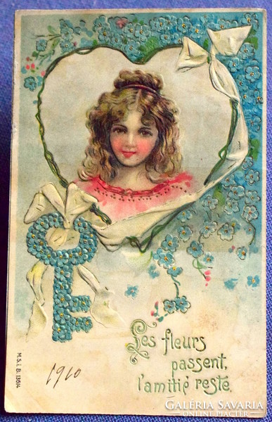 Antique embossed greeting card - little girl portrait heart, key name tag