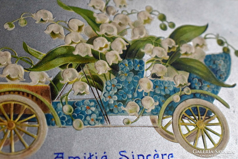 Antique embossed greeting card - floral automobile, lily of the valley