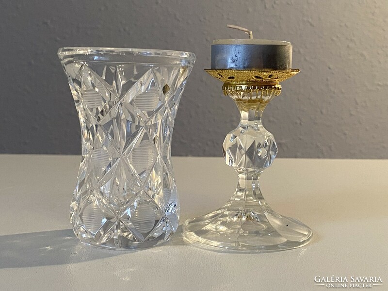 Glass candle holder and retro 1 strand floral glass vase 8.5 Cm together