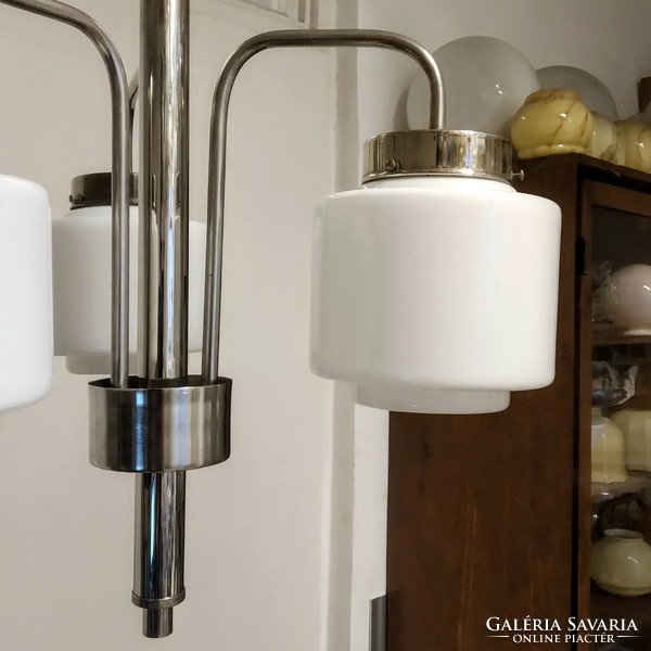 Art deco - streamline - bauhaus 3-burner nickel-plated chandelier renovated - milk glass cylinder shade