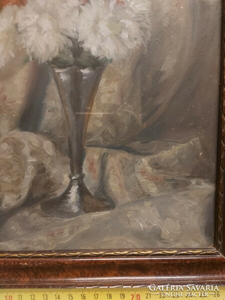 Still life painting, oil, wood panel, glazed frame