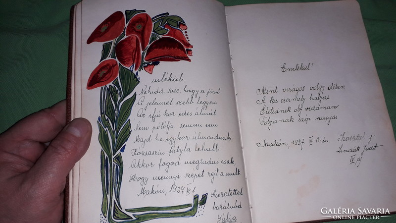 1927- 28. Gyönyörű bőrkötéses EMLÉKKÖNYV kézi bejegyzések,rajzok  - KISS IRÉN MAKÓ a képek szerint