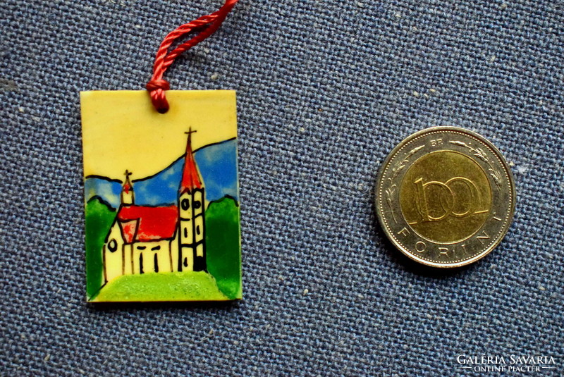 Old small Tihany souvenir painted plastic postcard from the 1940s