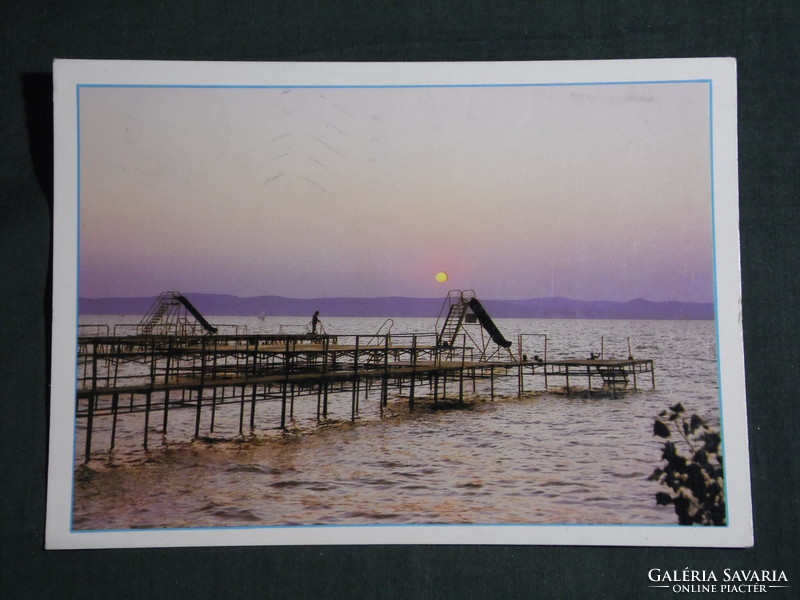 Postcard, Balaton beach, skyline with jetties, sunset