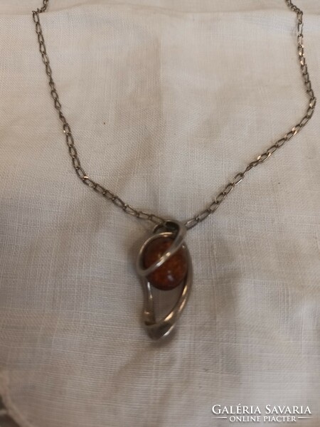 Old silver handmade chain with silver amber pendant for sale!