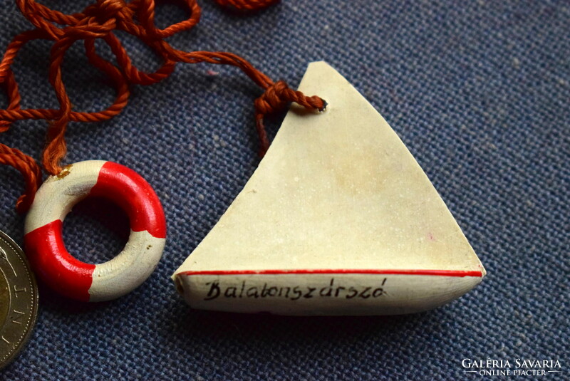 Old small Balatonszárszó souvenir sailboat + life belt from the 1940s