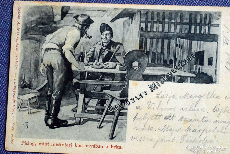 Miskolcz - Pislog , mint miskolczi kocsonyában a béka - grafikus képeslap , katona   1901