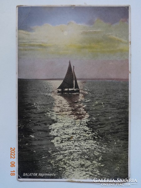 Régi Karinger képeslap: Balaton, naplemente, vitorláshajó (1931)