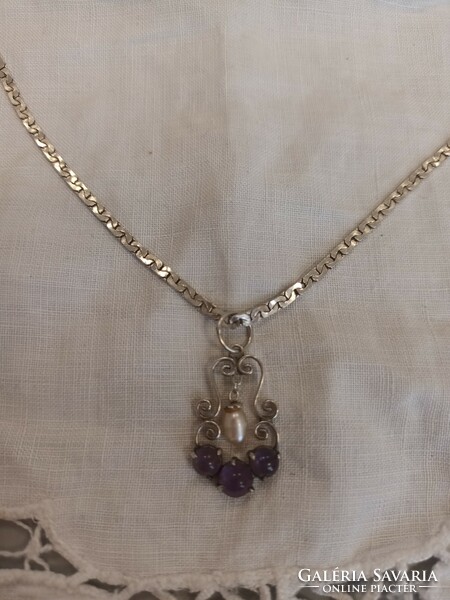 Old silver handcrafted Polish chain with silver cultured pearl and amethyst stone pendant for sale!