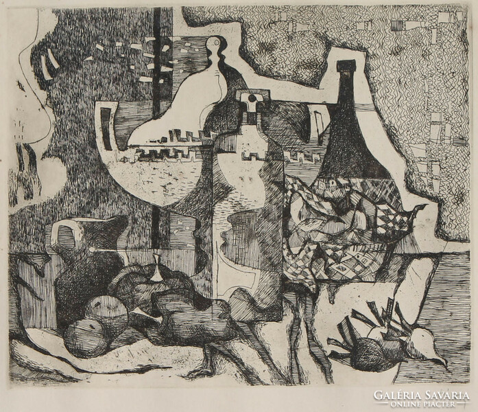 Mária Túry: still life (etching) modern - Szőnyi's student, wife of György Kádár