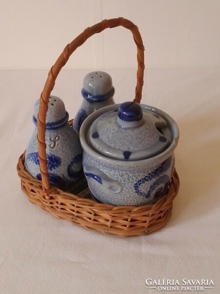 Old marked blue gray handmade salt glazed stoneware table spice salt pepper mustard wicker basket