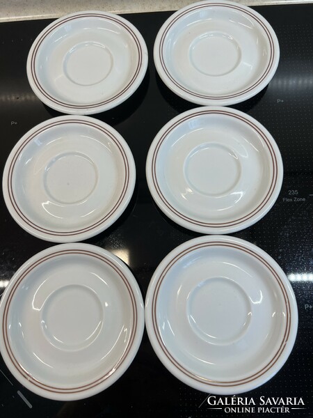 6 Plain brown striped small plates and saucers