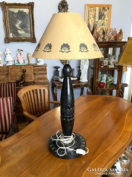 1930 Hungarian carved black wooden table lamp with original shade 84 cm