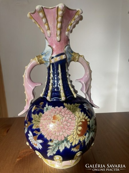 Zsolnay cobalt blue vase, chrysanthemum decor.