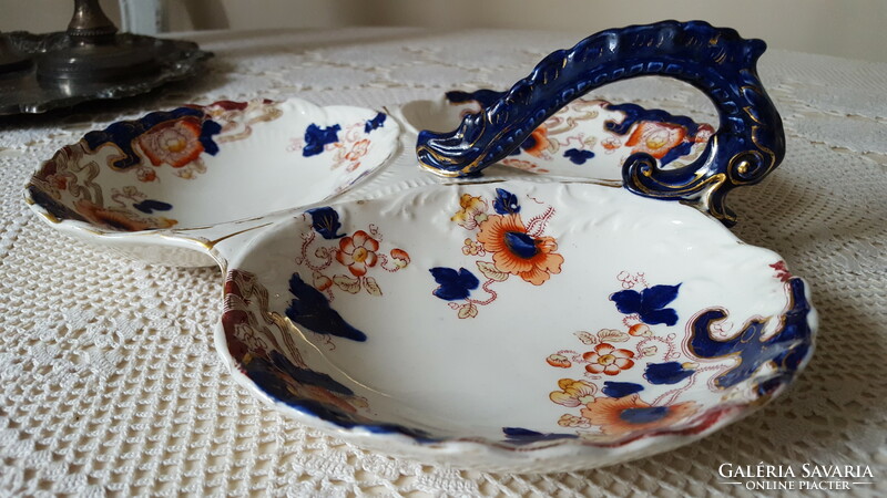 Antique English porcelain, cobalt-gold floral pattern, divided tray