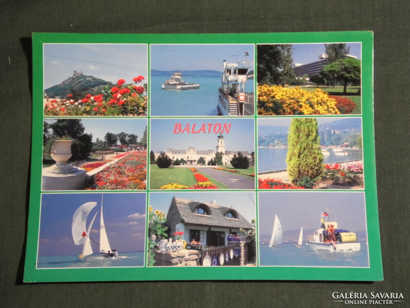 Postcard, Balaton mosaic details, Keszthely Castle, ferry, sailing, hotel, Tihany, castle,