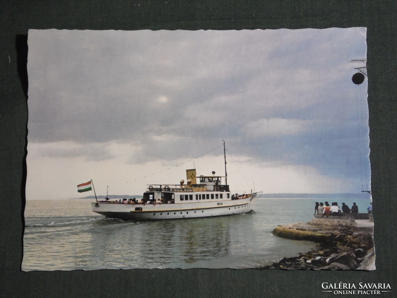 Postcard, Balaton beach, Badacsony pier harbor detail, Helka cruise ship