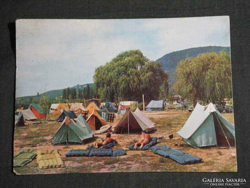 Postcard, Balaton beach, Badacsony camping, camping, detail, view, tent, rubber mattress