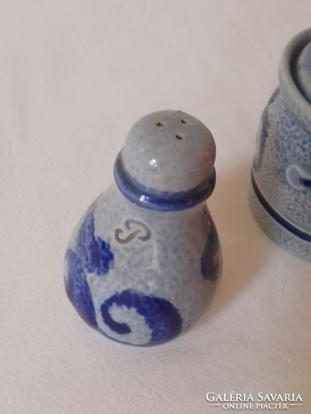 Old marked blue gray handmade salt glazed stoneware table spice salt pepper mustard wicker basket