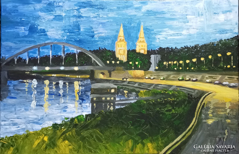 "Belvárosi alkonyat" Szeged, Tisza - festmény