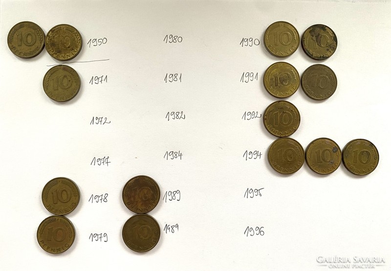 15 pieces of 20 pfennig nszk 1959-1994 / 10 vintages German Germany