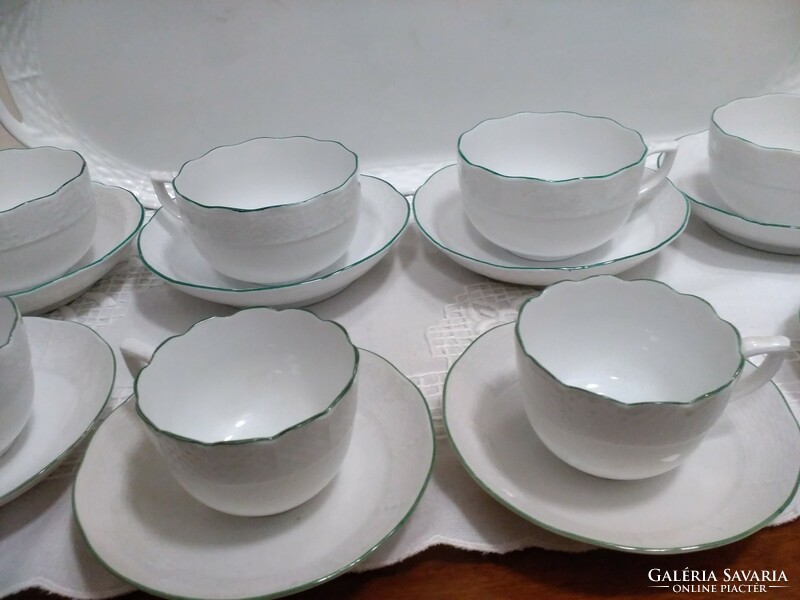 Herend tea and coffee cups with giga tray, green edge + white sugar holder