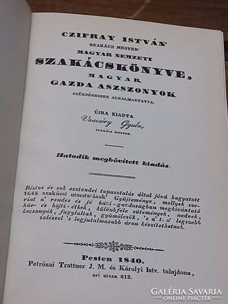 Master chef István Czifray's Hungarian national cookbook, reprint of the 1840 edition (1985)
