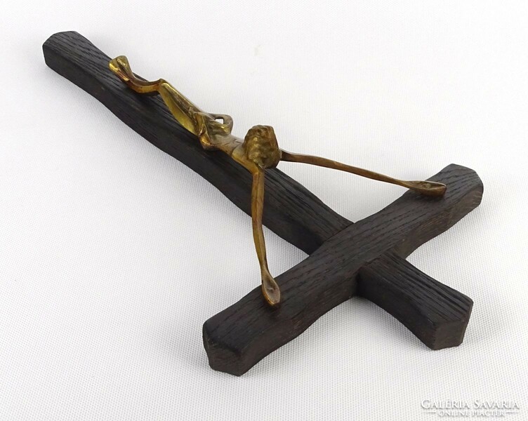 1P709 large wooden crucifix with bronze Jesus 41 cm