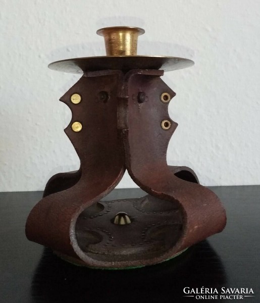 Old (handcrafted) genuine leather & copper candle holder for sale