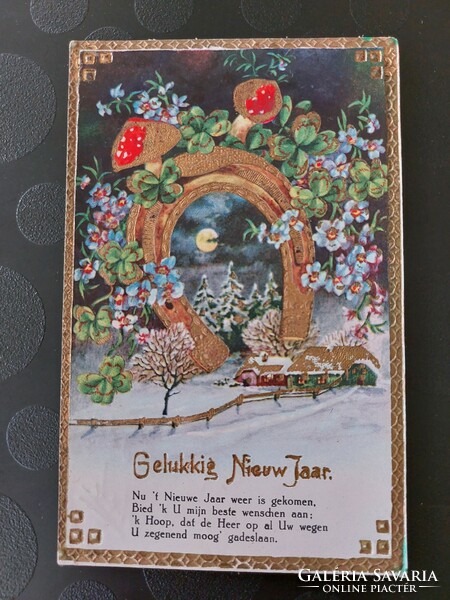 Old New Year's card clover horseshoe mushroom