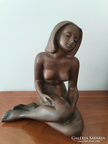 Ceramic, female nude statue - in antique brass