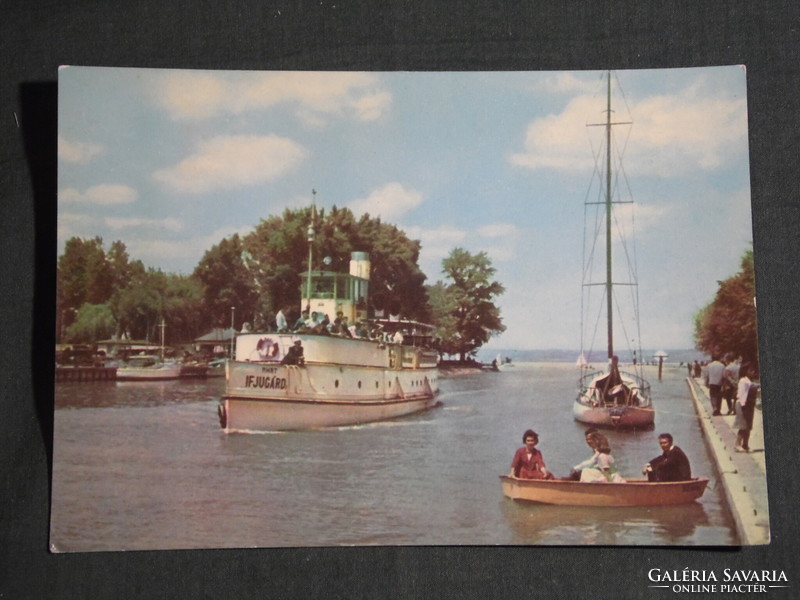 Postcard, balaton, Siófok pier, harbor detail, youth guard cruise ship, sailboat, boat