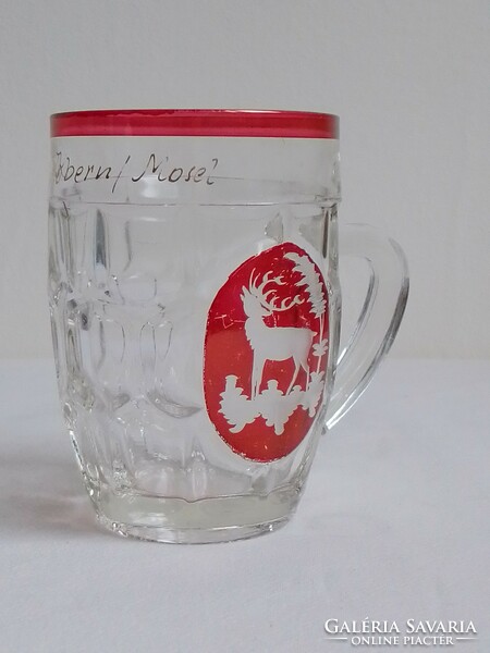 French cast glass mug hand painted engraved gilt deer red shield hunter pattern