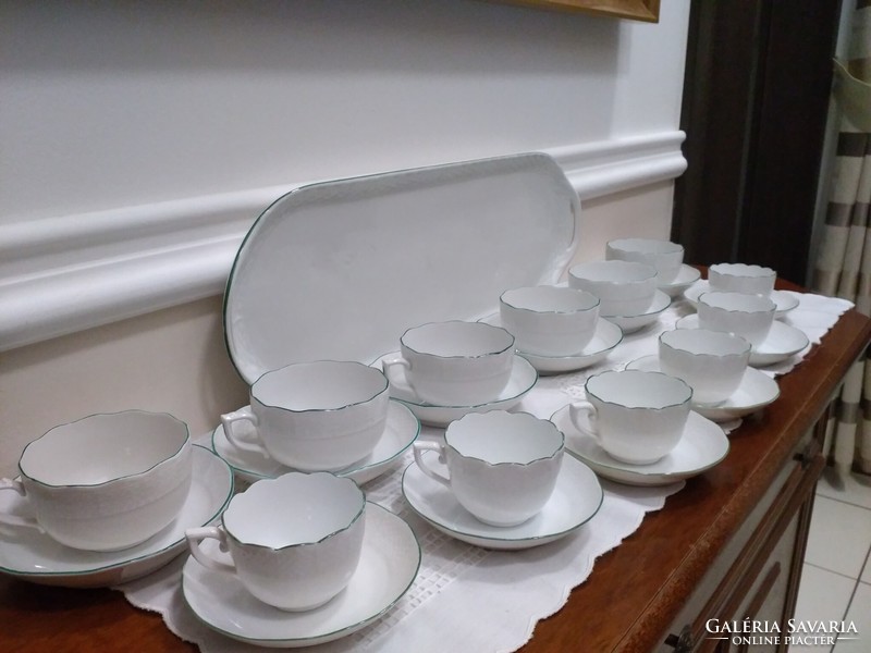 Herend tea and coffee cups with giga tray, green edge + white sugar holder 26 pieces!