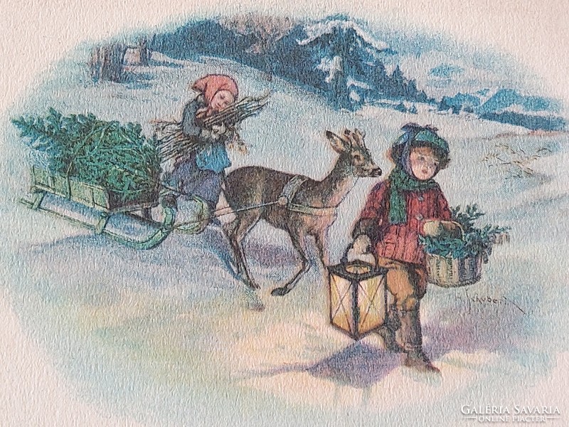 Régi karácsonyi képeslap H. Schubert grafikája 1925