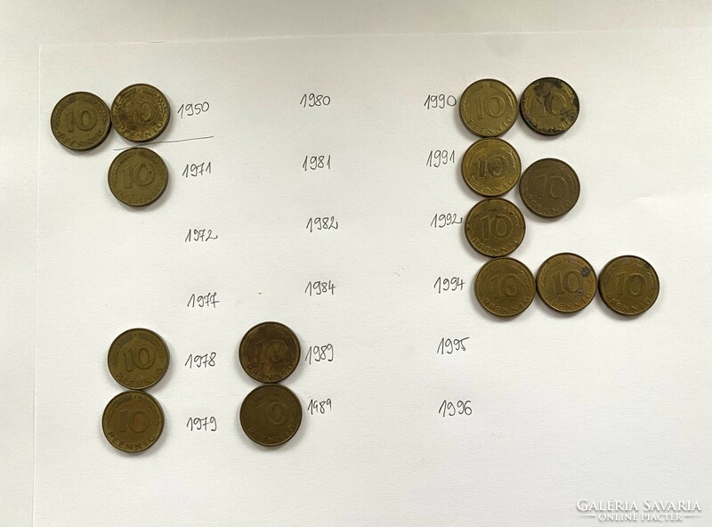 15 pieces of 20 pfennig nszk 1959-1994 / 10 vintages German Germany