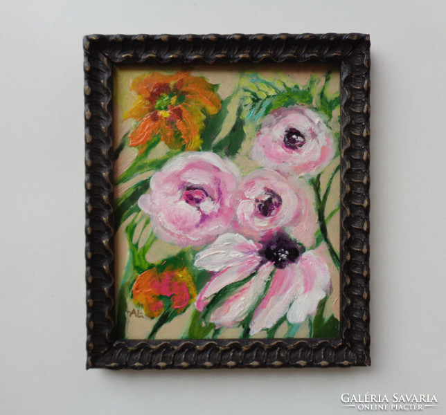 Summer flowers - agnes laczó contemporary painter/graphic artist - original acrylic painting in frame